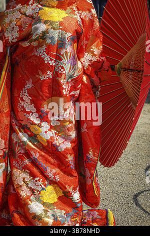 Kimono cerimoniale rosso a dodici strati (costume nazionale giapponese). Luogo di ripresa: Yokohama-città prefettura di kanagawa Foto Stock