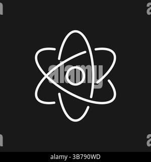 Icona simbolo atomico linea bianca disegno geometrico su sfondo nero con elettrone Illustrazione Vettoriale