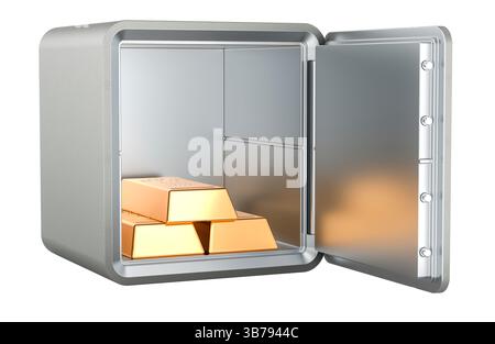 Inserti dorati in cassaforte con blocco a combinazione, rendering 3D isolato su sfondo bianco Foto Stock