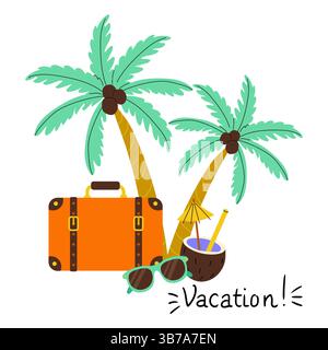 Godetevi una vacanza vibrante con elementi tropicali e una valigia accanto alle palme Illustrazione Vettoriale