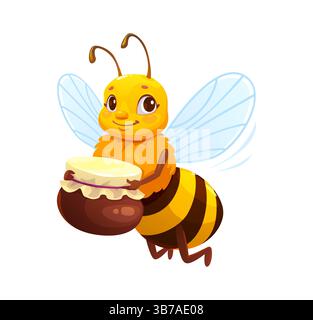 Personaggio delle api del miele dei cartoni animati che vola con il barattolo di miele in zampe, sorridendo con gli occhi grandi e le ali fluttuanti. Insetto da giardino vettoriale isolato che fornisce s Illustrazione Vettoriale