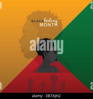 Black History Month con profili di uomo e donna e colori panafricani Illustrazione Vettoriale