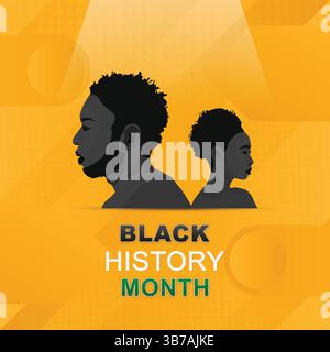 Black History Month con profili di uomo e donna su sfondo arancione Illustrazione Vettoriale