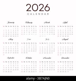 Semplice modello di calendario 2026 con tutti i dodici mesi Illustrazione Vettoriale