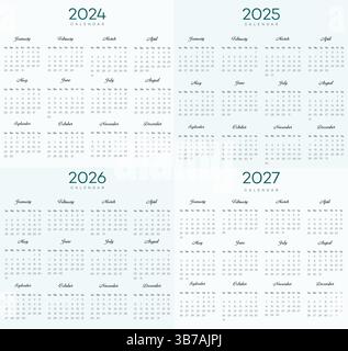 Modello di calendario quadriennale per 2024, 2025, 2026 e 2027 Illustrazione Vettoriale