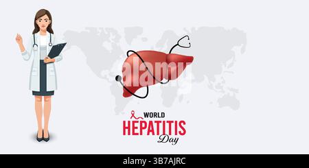 World Hepatitis Day Doctor, fegato Organ, stetoscopio e World Map Illustrazione Vettoriale