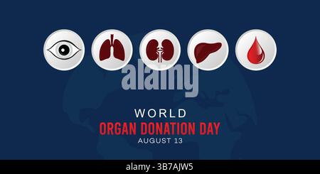 Giornata Mondiale della donazione degli organi con icone degli organi umani e sfondo del globo Illustrazione Vettoriale