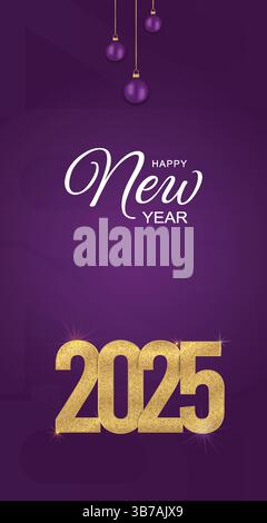 Biglietto d'auguri per l'anno nuovo 2025 con testo dorato e ornamenti Illustrazione Vettoriale