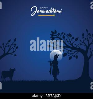 Felice Janmashtami saluto Lord Krishna silhouette scena notturna illuminata dalla luna Illustrazione Vettoriale