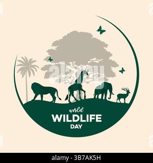 Poster della giornata mondiale della fauna selvatica | giornata mondiale della fauna selvatica: Sagome di animali africani al tramonto vibrante Illustrazione Vettoriale