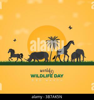 Poster della giornata mondiale della fauna selvatica | giornata mondiale della fauna selvatica: Sagome di animali africani al tramonto vibrante Illustrazione Vettoriale