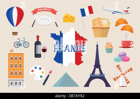Set illustrativo semplice e carino relativo alla francia. illustrazione vettoriale. Illustrazione Vettoriale