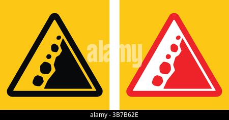 Segnaletica di pericolo stradale con simbolo di caduta di detriti, perfetta per aree soggette a frane e avvisi di sicurezza ambientale. Illustrazione Vettoriale