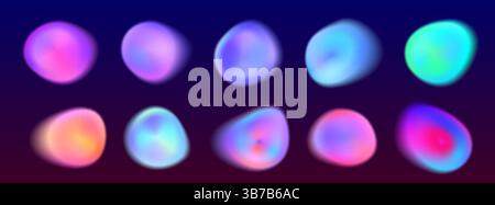 Set di cerchi in aura a gradiente luminoso - colori neon vivaci, collezione di forme arrotondate e iridescenti su sfondo scuro. Sfere luminose colorate per un magico design energetico. Lobi astratti radianti sfocati. Illustrazione Vettoriale