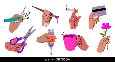 Mani che reggono oggetti set di scarabocchi - vari gesti di afferrare oggetti in stile di schizzo. Dita colorate che afferrano forbici, matita, carta di credito e tazza da caffè, fiore e tubo di vernice con pennello. Illustrazione Vettoriale