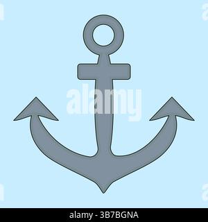 Illustrazione vettoriale estiva dell'ancora in metallo vintage della nave marina su sfondo azzurro. Tassello grigio acciaio. Perfetto per l'estate, nautica, marittima, a Illustrazione Vettoriale