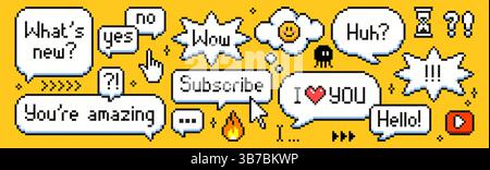 Set di bolle vocali pixel con frasi retrò - chattine a 8 bit con gergo Internet della vecchia scuola. Bizzarre nuvole di messaggi ed emoticon su sfondo giallo brillante. Elementi grafici nostalgici degli anni '90. Illustrazione Vettoriale