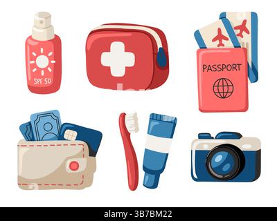 Set vettoriale cartoni animati di articoli essenziali da viaggio per le vacanze o i viaggi. Illustrazione vettoriale isolata su sfondo bianco. Illustrazione Vettoriale