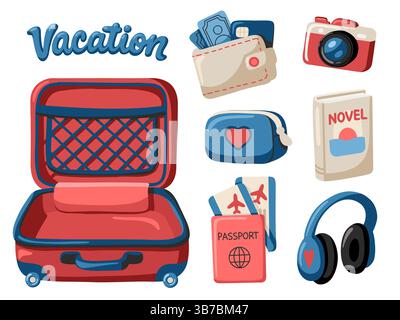 Accessori da viaggio con custodia e passaporto. L'essenziale per le vacanze. Illustrazione vettoriale cartoni animati su sfondo bianco Illustrazione Vettoriale