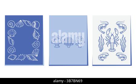 Set di tre illustrazioni nautiche con cornici a conchiglia, sagome in corallo e crostacei come gamberi e aragosta in stile linea blu disegnata a mano. Illustrazione Vettoriale