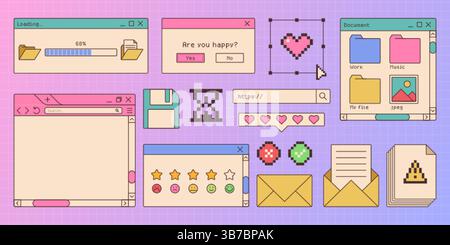 Set di risorse browser finestra stile retrò. Elementi di interfaccia simpatici dei siti Web della vecchia scuola: Barra di caricamento, finestra di dialogo, modulo di ricerca, icona emoticon, floppy disk e cartelle. Design dell'interfaccia utente ispirato agli anni '90 Illustrazione Vettoriale
