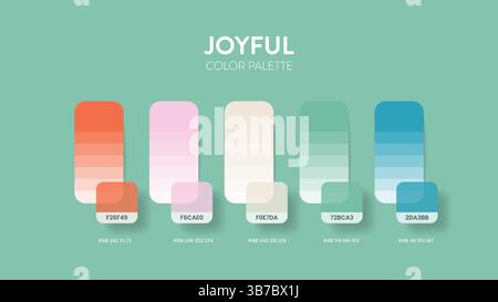 Guida alla tavolozza dei colori in una collezione di colori vivaci e gioiosi. Ispirazione a colori o grafico con modello di codici. Combinazione di colori RGB. Campioni di colori Illustrazione Vettoriale