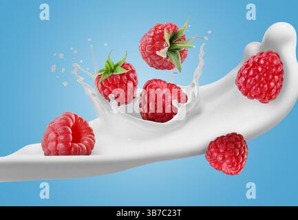 Spruzzi di latte e lamponi freschi in aria su sfondo azzurro Foto Stock