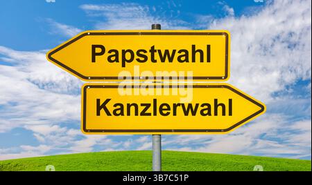Wahl zum Bundeskanzler der BRD Ein Wegweiser zeigt doppeldeutig zur Wahl des Bundeskanzlers und zur gleichzeitigen Papstwahl - FOTOMONTAGE *** Electio Foto Stock