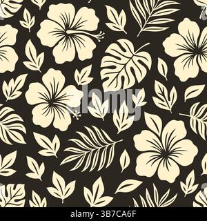 Motivo floreale senza cuciture Aloha hibiscus con foglie tropicali hawaiane: Esotico design vettoriale per tessuti e carta da parati Illustrazione Vettoriale