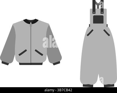 Bomber Jacket with Zip Fastening and Overall on cuff with pockets Grayscale Design elements idea Set. Isolated Vector illustration Thematic Branding Cards or web promo banner, leaflets, print material Illustrazione Vettoriale