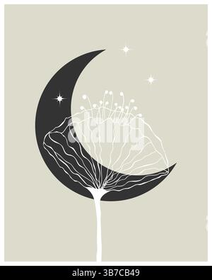 Luna nera. Decorazioni per interni con pareti dipinte a mano, fiori neri di luna e bianchi, notte e stelle, stile boho, sfondo crema. Illustrazione vettoriale Illustrazione Vettoriale