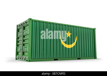 Container verde per il trasporto merci recante la bandiera mauritana, che simboleggia il commercio globale, l'importazione, l'esportazione, la logistica, e gestione della catena di fornitura. Rendering 3D. Foto Stock