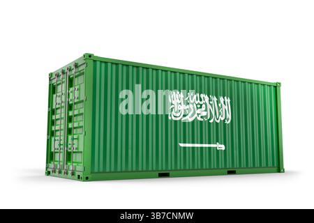 Container verde con bandiera dell'Arabia Saudita, simbolo di importazione, esportazione e logistica globale. Rendering 3D. Foto Stock