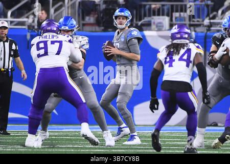 DETROIT, mi - 07 GENNAIO: Il quarterback dei Detroit Lions (16) Jared Goff in azione durante la partita tra Minnesota Vikings e Detroit Lions il 7 gennaio 2024 al Ford Field di Detroit, mi (foto di Allan Dranberg/CSM) (Credit Image: © Allan Dranberg/CSM via ZUMA Press Wire) Foto Stock