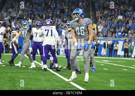 DETROIT, mi - 07 GENNAIO: Il linebacker dei Detroit Lions (46) Jack Campbell celebra un sack durante la partita tra Minnesota Vikings e Detroit Lions il 7 gennaio 2024 al Ford Field di Detroit, mi (foto di Allan Dranberg/CSM) (Credit Image: © Allan Dranberg/CSM via ZUMA Press Wire) Foto Stock