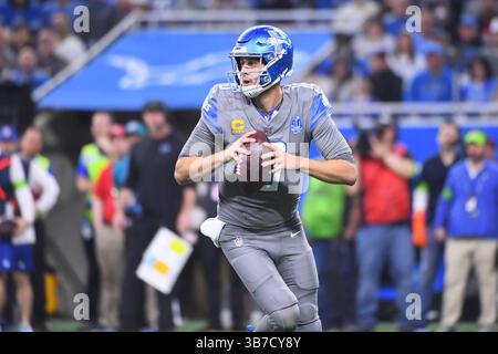 DETROIT, mi - 07 GENNAIO: Il quarterback dei Detroit Lions (16) Jared Goff in azione durante la partita tra Minnesota Vikings e Detroit Lions il 7 gennaio 2024 al Ford Field di Detroit, mi (foto di Allan Dranberg/CSM) (Credit Image: © Allan Dranberg/CSM via ZUMA Press Wire) Foto Stock