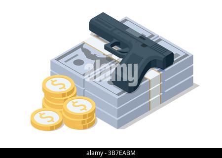 Immagine vettoriale isometrica di una pistola su pile di soldi e monete, che rappresenta crimine, rapina e finanza illegale. AML Antiriciclaggio di denaro finanziario Illustrazione Vettoriale