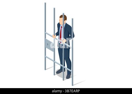 L'isometrico di un uomo in una tuta da lavoro e' incarcerato, dietro le sbarre di metallo, simboleggiando le conseguenze del crimine dei colletti bianchi. Antiriciclaggio Illustrazione Vettoriale
