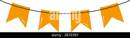 Semplice illustrazione disegnata a mano di bandiere arancioni appese su una corda, che simboleggiano festeggiamenti, decorazioni, feste o eventi festivi. Illustrazione Vettoriale