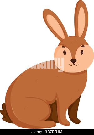 Adorabile coniglio cartoni animati seduto con orecchie lunghe, pelliccia marrone e un'espressione amichevole, isolato su uno sfondo bianco. Illustrazione Vettoriale