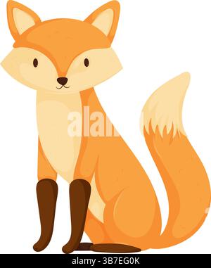 Adorabile volpe cartoni animati seduta con una coda soffice, pelliccia arancione e gambe nere, isolata su uno sfondo bianco. Illustrazione Vettoriale