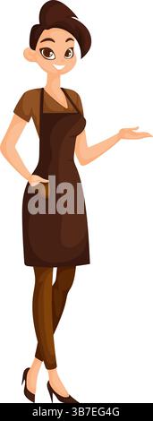 Illustrazione vettoriale di una barista sorridente che indossa un grembiule marrone e un abbigliamento elegante, con un gesto accogliente della mano. Illustrazione Vettoriale