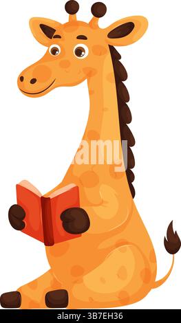 Adorabile giraffa in stile cartoni animati seduta mentre tiene in mano e legge un libro rosso, che simboleggia intelligenza, curiosità e apprendimento, isolata sul bianco. Illustrazione Vettoriale
