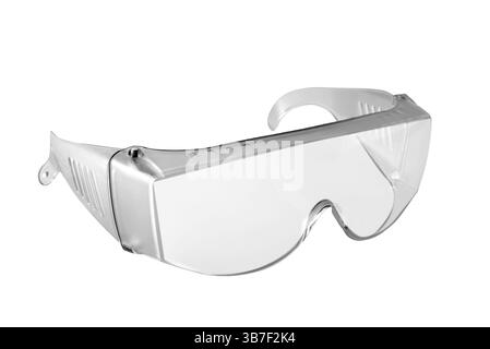 Occhiali di sicurezza trasparenti isolati su bianco con percorso di ritaglio incluso Foto Stock