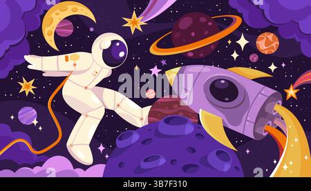 Spaceman che cammina nello spazio con un dirigibile volante. Astronauta vettoriale con pianeti e asteroidi, mezzaluna lunare e razzo. COSMOS Suit in missione a gravità zero. Sistema solare, viaggi nell'universo. Astronomia Illustrazione Vettoriale