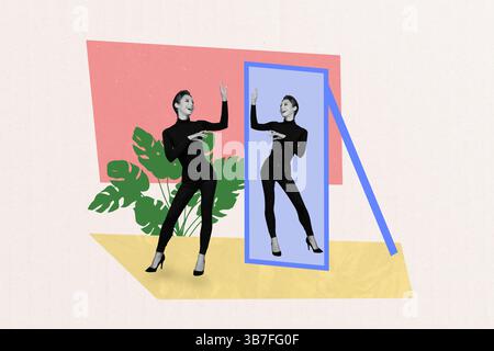 Immagine di schizzo modello opere d'arte composita collage di stand di moda giovane donna specchio modello di interni in posa sorriso pianta monstera. Foto Stock