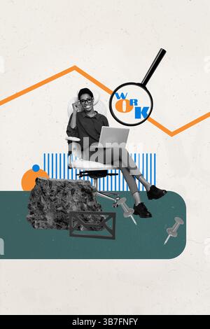 Design collage 3D grafica di tendenza composita schizzo del responsabile del reclutamento risorse umane giovane donna seduta poltrona lavoro laptop obiettivo zoom. Foto Stock