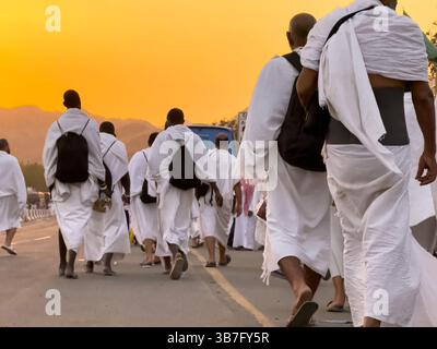 Mecca, Arabia Saudita, 15 giugno 2024: Molti pellegrini Hajj camminano sul campo di Arafat. Il monte Arafat (Jabal Arafat, montagna della Misericordia) è un forgivene Foto Stock