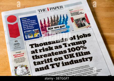 6 maggio 2025. Il titolo in prima pagina dell'i Paper legge migliaia di posti di lavoro a rischio, dato che Trump minaccia il 100% di tariffa sull'industria cinematografica e televisiva britannica. Foto Stock