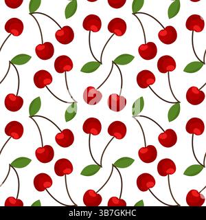 Motivo di ciliegio senza cuciture con foglia verde e stelo su sfondo bianco in stile cartoni animati. Perfetto per tessuti, tessuti, carta da imballaggio, arredi in cucina e. Illustrazione Vettoriale